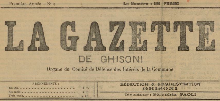 Photo (BnF / Gallica) de : La Gazette de Ghisoni. Ghisoni, 1929-[1931 ?]. ISSN 2128-6019.