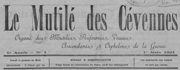 Photo (BnF / Gallica) de : Le Mutilé des Cévennes. Le Vigan, 1921-[1922 ?]. ISSN 2132-6789.