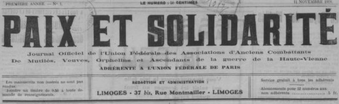 Photo (BnF / Gallica) de : Paix et solidarité. Limoges, 1928-[1932 ?]. ISSN 2133-4862.