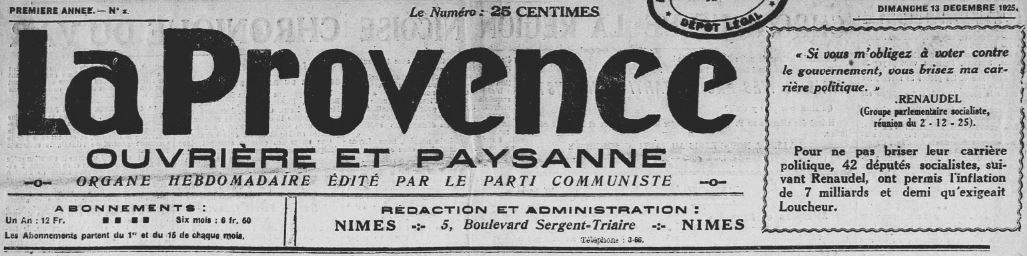 Photo (BnF / Gallica) de : La Provence ouvrière et paysanne. Nîmes, 1925-1930. ISSN 2135-6327.