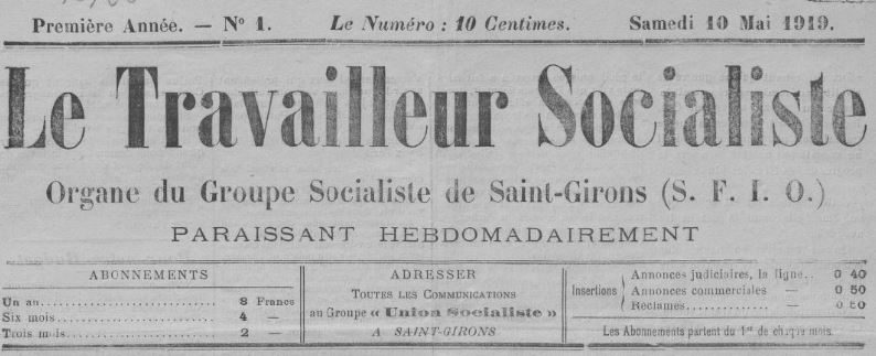 Photo (BnF / Gallica) de : Le Travailleur socialiste. Saint-Girons, 1919-[1923?]. ISSN 2138-9713.