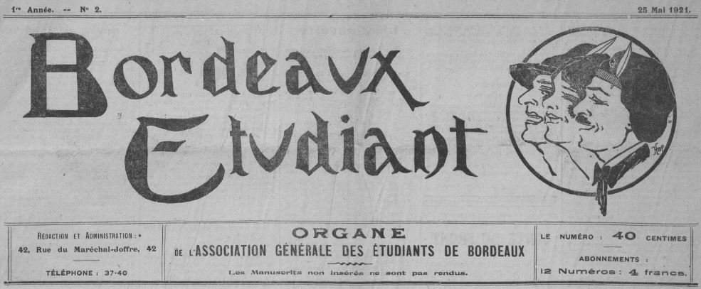 Photo (BnF / Gallica) de : Bordeaux-étudiant. Bordeaux : Association générale des étudiants de Bordeaux, 1921-1928. ISSN 0982-1473.