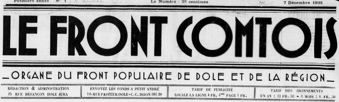 Photo (BnF / Gallica) de : Le Front comtois. Dole : Front populaire de Dole et de la région, 1935-[1937?]. ISSN 1160-9192.