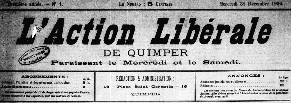 Photo (Finistère. Archives départementales) de : L'Action libérale de Quimper. Quimper, 1902-1906. ISSN 2120-1331.
