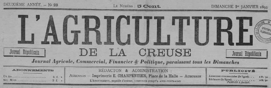 Photo (Creuse. Archives départementales) de : L'Agriculture de la Creuse. Aubusson, 1892-1895. ISSN 2120-4616.