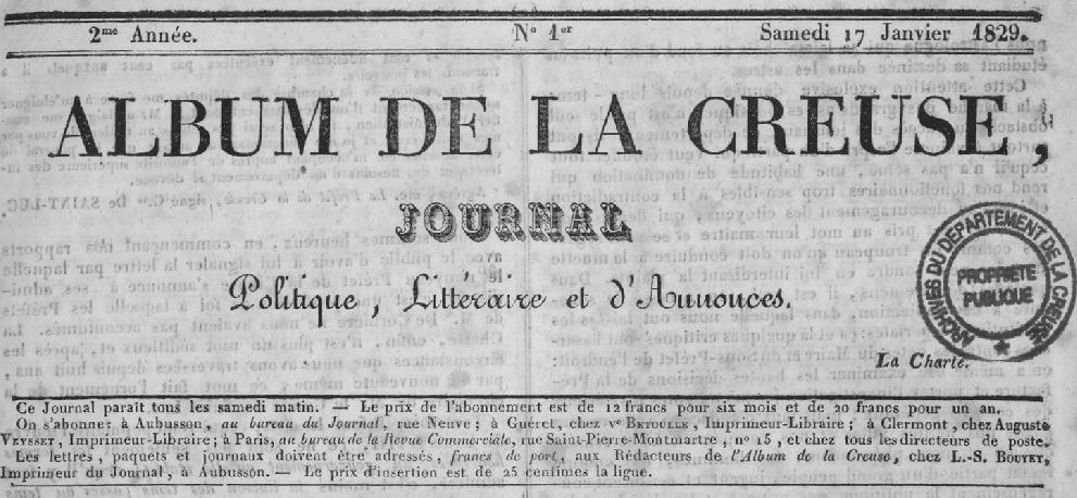 Photo (Creuse. Archives départementales) de : Album de la Creuse. Aubusson : Bouyet, imprimeur-libraire, Guéret : Veuve Betoulle, imprimeur-libraire, 1827-1840. ISSN 2120-5477.