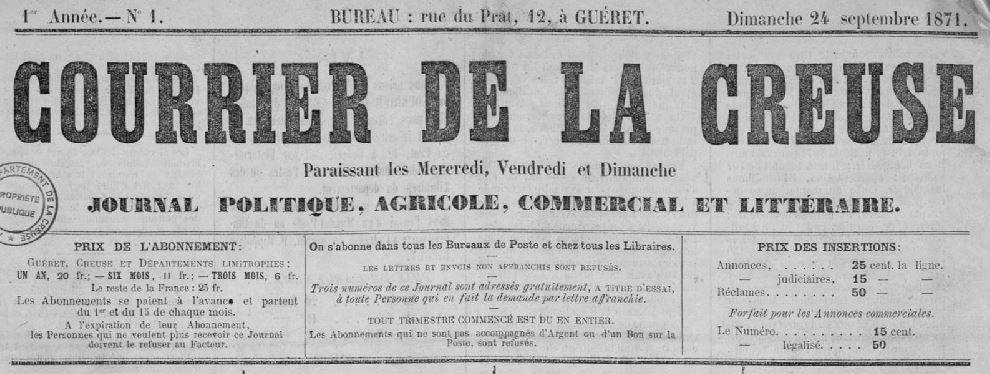 Photo (Creuse. Archives départementales) de : Le Courrier de la Creuse. Guéret, 1871-1944. ISSN 2124-7412.