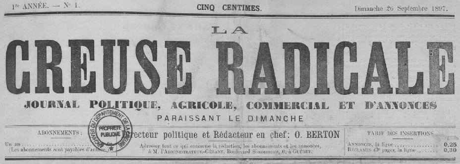 Photo (Creuse. Archives départementales) de : La Creuse radicale. Guéret, 1897-1900. ISSN 2125-0103.