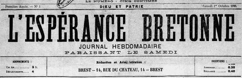 Photo (Finistère. Archives départementales) de : L'Espérance bretonne. Brest, 1898-1902. ISSN 2127-4169.