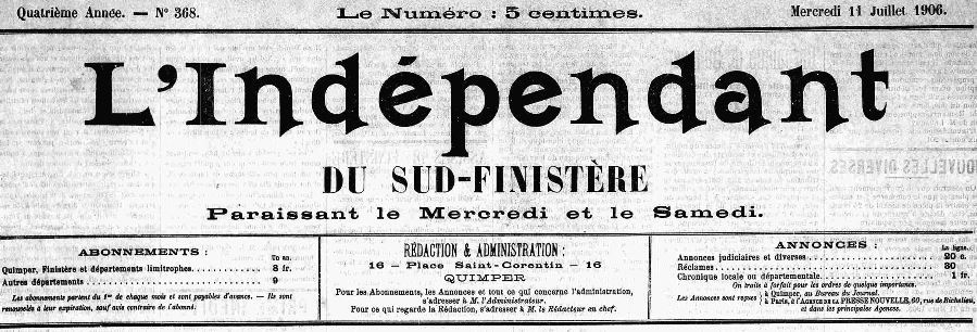 Photo (Finistère. Archives départementales) de : L'Indépendant du Sud-Finistère. Quimper, 1906-1908. ISSN 2129-6332.