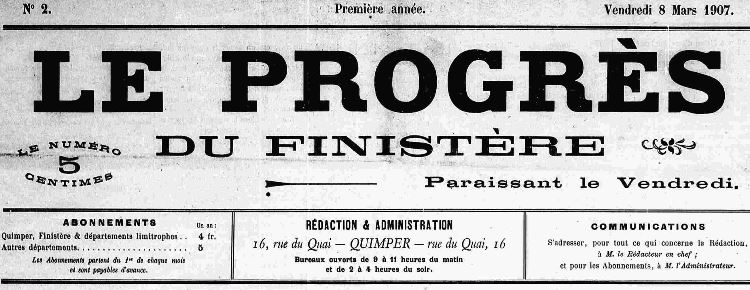 Photo (Finistère. Archives départementales) de : Le Progrès du Finistère. Quimper, 1907-1944. ISSN 2135-4545.