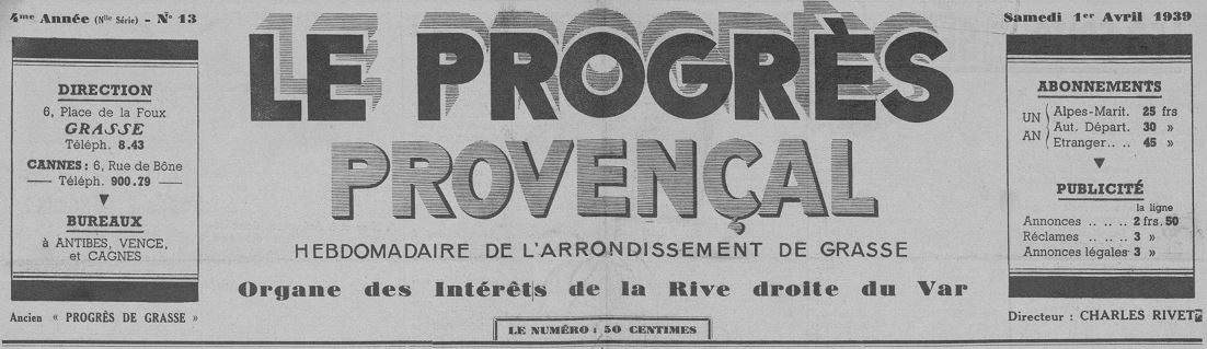 Photo (Bibliothèque municipale (Grasse, Alpes-Maritimes)) de : Le Progrès provençal. Grasse, 1939-1944. ISSN 2135-4987.