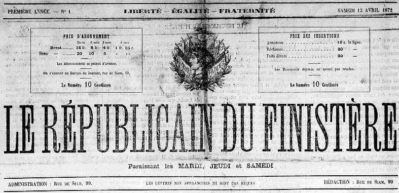 Photo (Finistère. Archives départementales) de : Le Républicain du Finistère. Brest, 1872-[1879 ?]. ISSN 2022-0537.