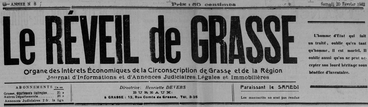 Photo (Bibliothèque municipale (Grasse, Alpes-Maritimes)) de : Le Réveil de Grasse. Grasse, 1903-1939. ISSN 2136-7701.