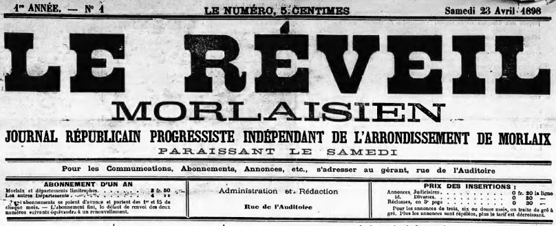 Photo (Finistère. Archives départementales) de : Le Réveil morlaisien. Morlaix, 1898-1902. ISSN 2022-2734.