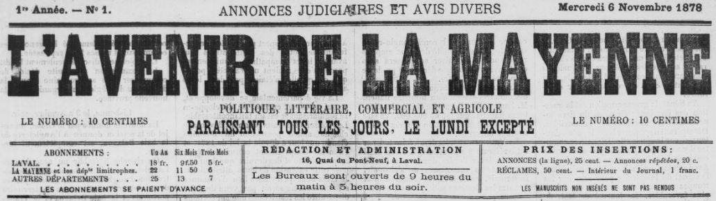 Photo (BnF / Gallica) de : L'Avenir de la Mayenne. Laval, 1878-1932. ISSN 2121-4735.