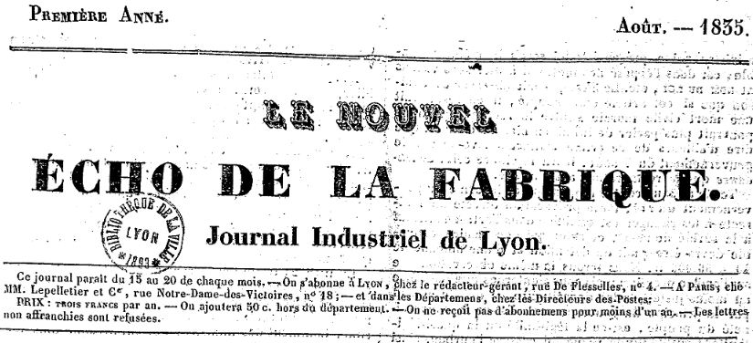 Photo (École normale supérieure (Lyon)) de : Le Nouvel Écho de la fabrique. Lyon, 1835-[1835 ?]. ISSN 2110-3011.