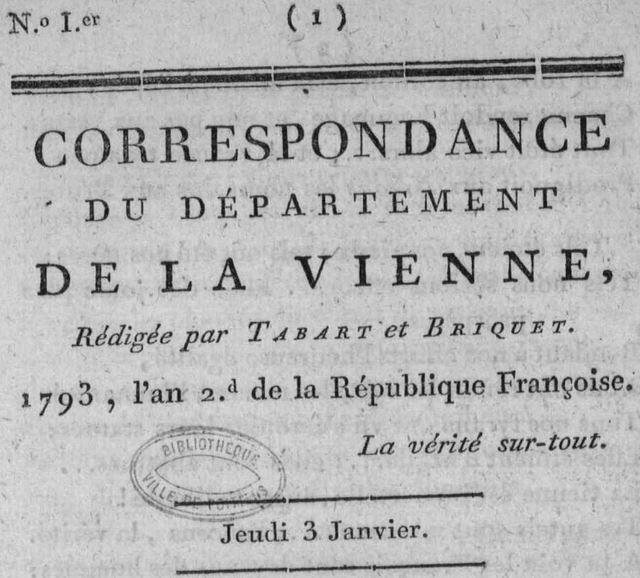 Photo (Médiathèque François-Mitterrand (Poitiers)) de : Correspondance du département de la Vienne. A Poitiers : de l'Imprimerie de Chevrier, 1793. ISSN 2430-9311.
