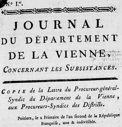 Photo (Médiathèque François-Mitterrand (Poitiers)) de : Journal du département de la Vienne, concernant les subsistances. A Poitiers : de l'Imprimerie de Barbier, [1793]. ISSN 2430-932X.
