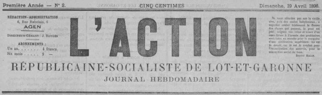 Photo (BnF / Gallica) de : L'Action républicaine-socialiste de Lot-et-Garonne. Agen, 1896-[1897 ?]. ISSN 2120-1978.