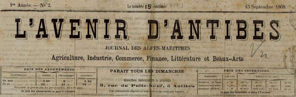 Photo (Antibes (Alpes-Maritimes). Archives municipales) de : L'Avenir d'Antibes. Antibes, 1868-[1914?]. ISSN 2016-0917.