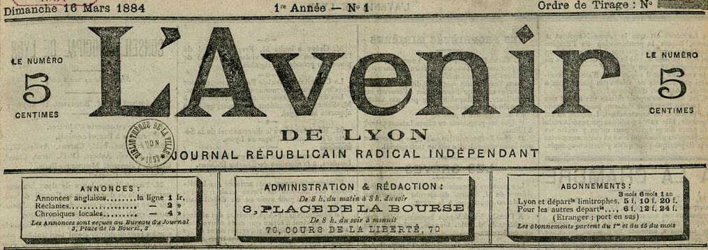 Photo (Bibliothèque municipale (Lyon)) de : L'Avenir de Lyon. Lyon, 1884-1885. ISSN 2021-2658.