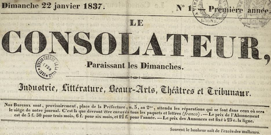 Photo (Bibliothèque municipale (Lyon)) de : Le Consolateur. Lyon, 1837. ISSN 2124-3719.