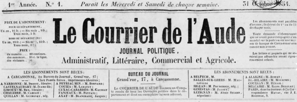 Photo (Occitanie) de : Le Courrier de l'Aude. Carcassonne, 1854-1929. ISSN 2124-720X.