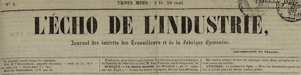 Photo (Bibliothèque municipale (Lyon)) de : L'Écho de l'industrie. La Croix-Rousse : Lépagnez, 1845-1846. ISSN 2126-2268.