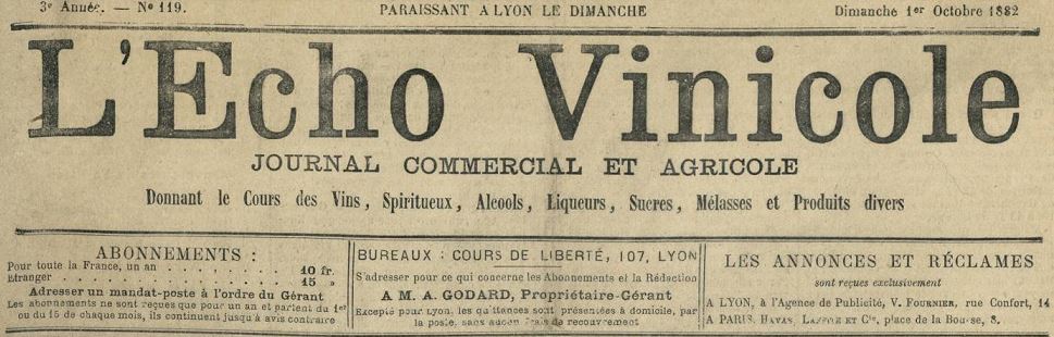 Photo (Bibliothèque municipale (Lyon)) de : L'Écho vinicole. Lyon, 1880-[1882 ?]. ISSN 2126-8126.
