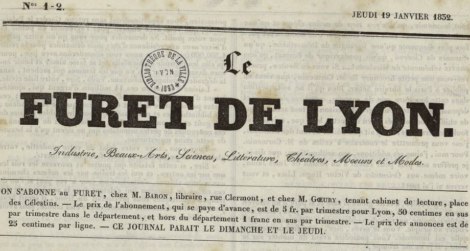 Photo (Bibliothèque municipale (Lyon)) de : Le Furet de Lyon. Lyon : Baron, 1832. ISSN 2128-4172.