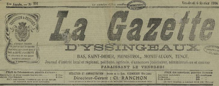 Photo (Haute-Loire. Archives départementales) de : La Gazette d'Yssingeaux. Yssingeaux, 1909-[1944?]. ISSN 2023-9289.
