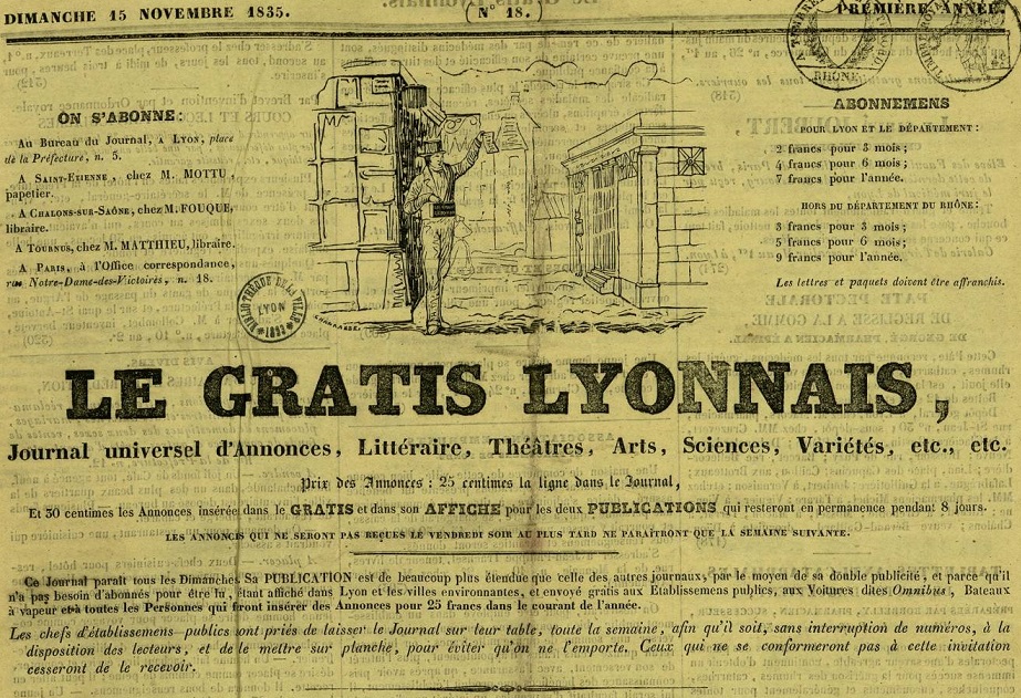 Photo (Bibliothèque municipale (Lyon)) de : Le Gratis lyonnais. Lyon, 1835-1836. ISSN 2128-9964.