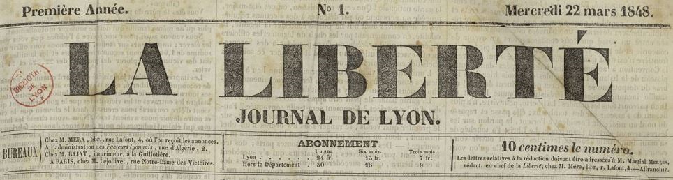 Photo (Bibliothèque municipale (Lyon)) de : La Liberté. Lyon, 1848-[1849 ?]. ISSN 2131-2958.