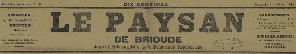 Photo (Haute-Loire. Archives départementales) de : Le Paysan de Brioude. Brioude, 1912-1914. ISSN 2133-8248.