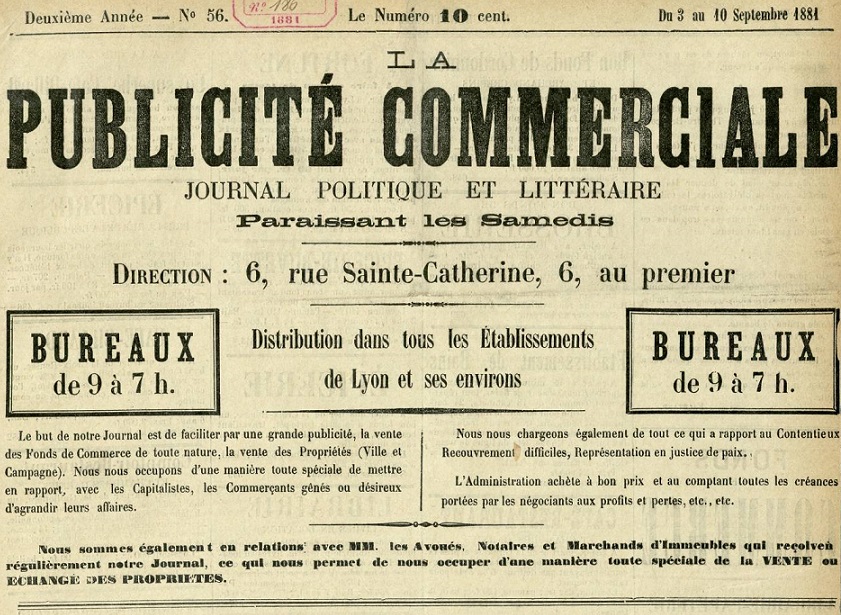 Photo (Bibliothèque municipale (Lyon)) de : La Publicité commerciale. Lyon, 1881. ISSN 2135-7137.