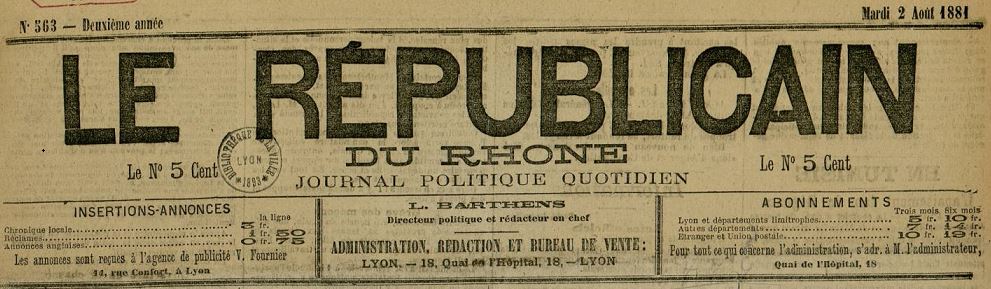 Photo (Bibliothèque municipale (Lyon)) de : Le Républicain du Rhône. Lyon, 1880-1882. ISSN 2136-4257.