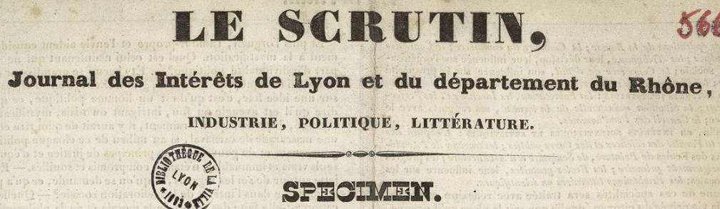 Photo (Bibliothèque municipale (Lyon)) de : Le Scrutin. Lyon : A. Baron, 1835. ISSN 2137-8681.