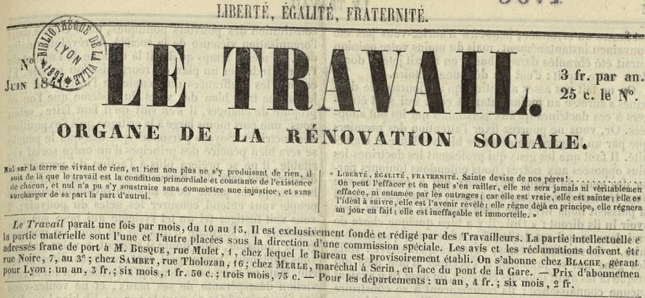 Photo (Bibliothèque municipale (Lyon)) de : Le Travail. Lyon : impr. Th. Lépagnez, 1841. ISSN 2110-3089.