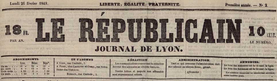 Photo (Bibliothèque municipale (Lyon)) de : Le Républicain. Lyon, 1848-1849. ISSN 2136-2106.