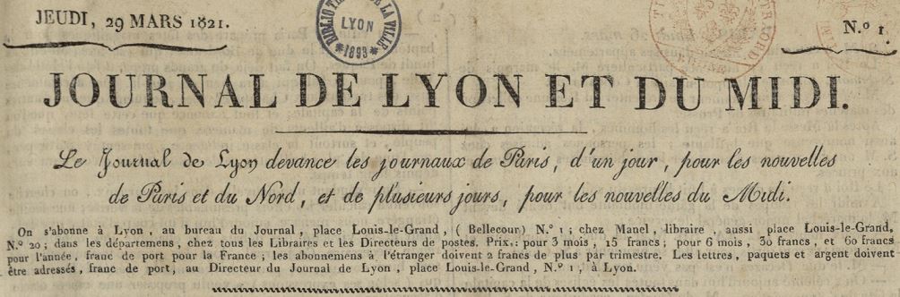 Photo (Bibliothèque municipale (Lyon)) de : Journal de Lyon et du Midi. Lyon, 1821. ISSN 2019-546X.