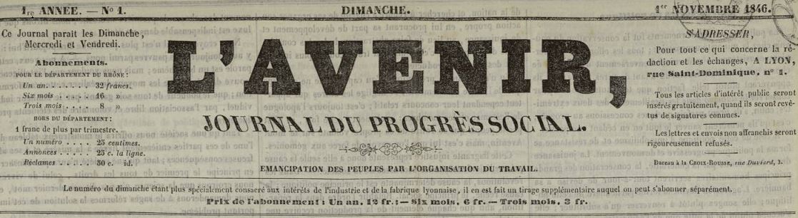 Photo (Bibliothèque municipale (Lyon)) de : L'Avenir. Lyon, 1846-[1847 ?]. ISSN 2021-2607.