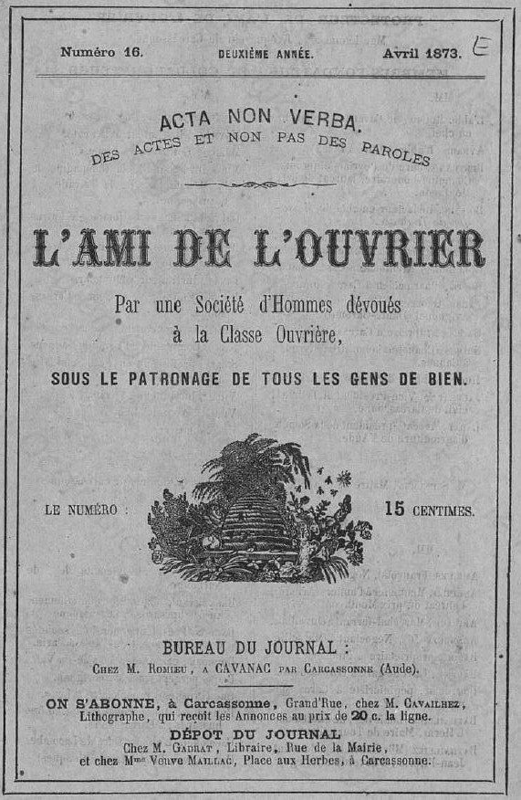 Photo (Occitanie) de : L'Ami de l'ouvrier. Carcassonne, 1872-1874. ISSN 1963-9260.