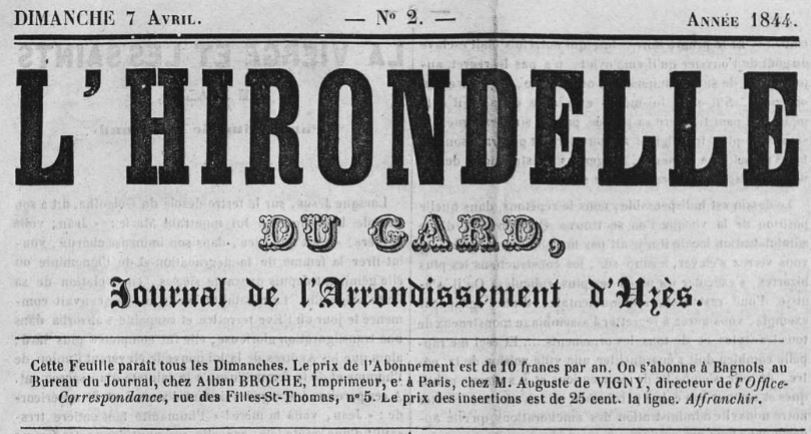 Photo (Occitanie) de : L'Hirondelle du Gard. Bagnols-sur-Cèze, 1844-1845. ISSN 1964-1559.