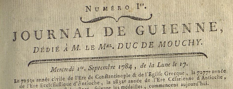 Photo (Bibliothèque municipale (Bordeaux)) de : Journal de Guienne. [Bordeaux] : [au bureau], [1784-1790]. ISSN 1965-9598.