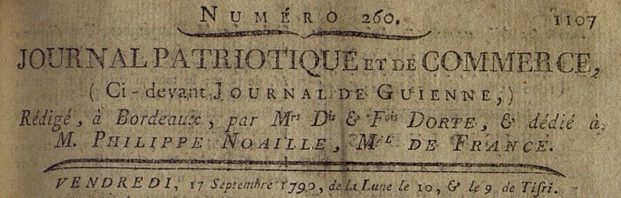 Photo (Bibliothèque municipale (Bordeaux)) de : Journal patriotique et de commerce. Bordeaux, 1790-1792. ISSN 1965-9652.