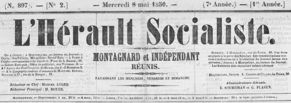 Photo (Occitanie) de : L'Hérault socialiste. Montpellier : impr. Cristin, 1850. ISSN 2110-2651.