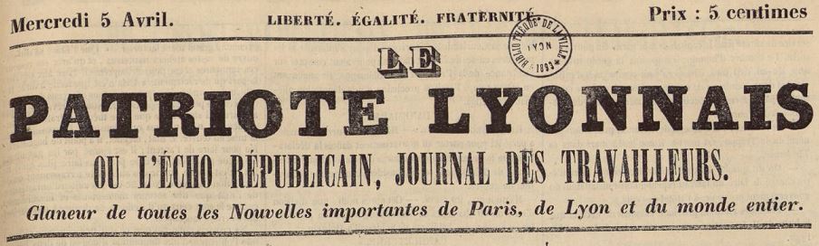 Photo (Bibliothèque municipale (Lyon)) de : Le Patriote lyonnais. Lyon : Guyot, 1848. ISSN 2110-2856.