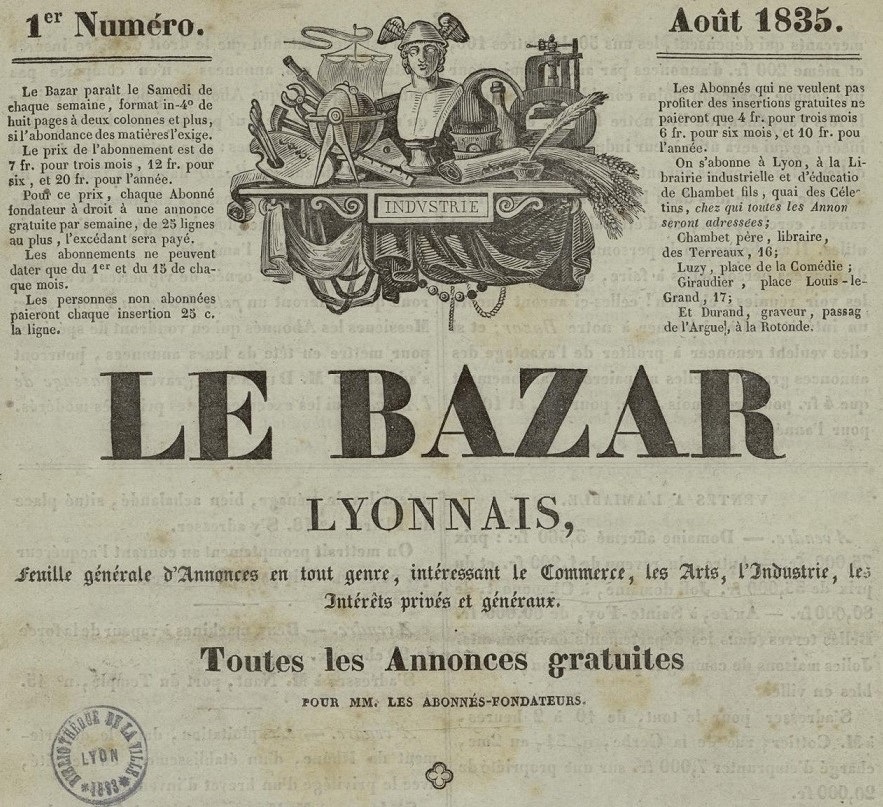 Photo (Bibliothèque municipale (Lyon)) de : Le Bazar lyonnais. Lyon : Librairie industrielle et d'éducation de Chambet fils, 1835-1836. ISSN 2110-3038.