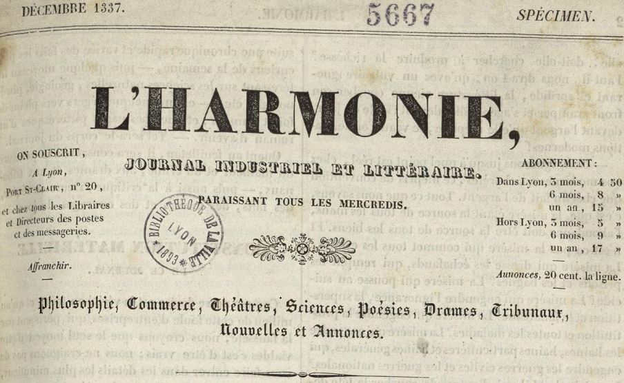 Photo (Bibliothèque municipale (Lyon)) de : L'Harmonie. Lyon, 1837-1838. ISSN 2110-3046.